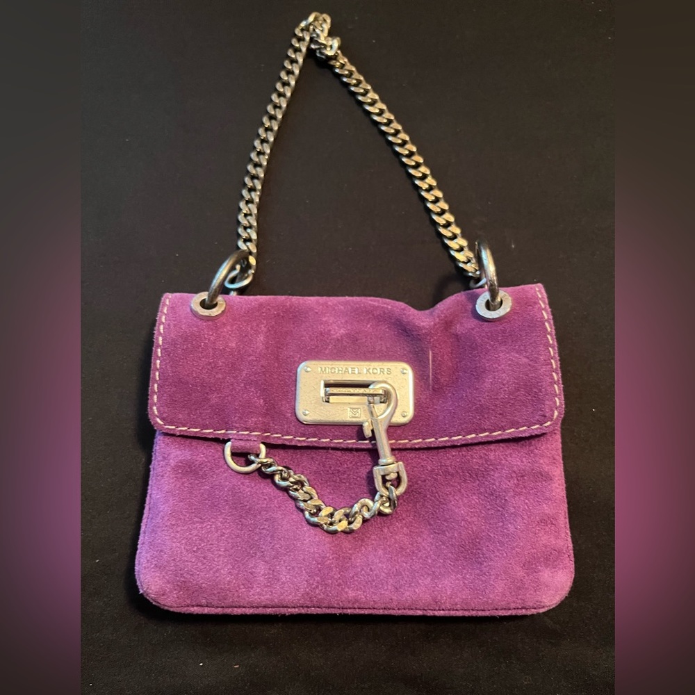 Michael Kors, purple suede, small shoulder bag with latch and metal chain strap